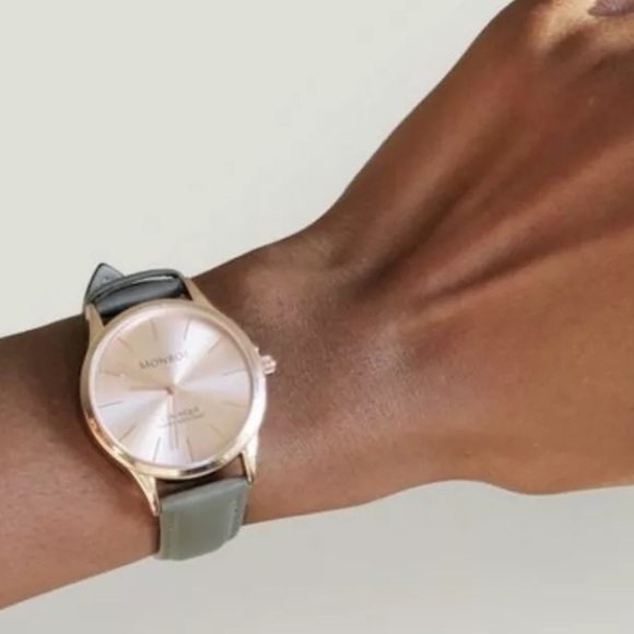 MONROE Sunburst Solerose Classique Gold Tone Watch, Leather Band, Case 36 - Picture 2 of 11